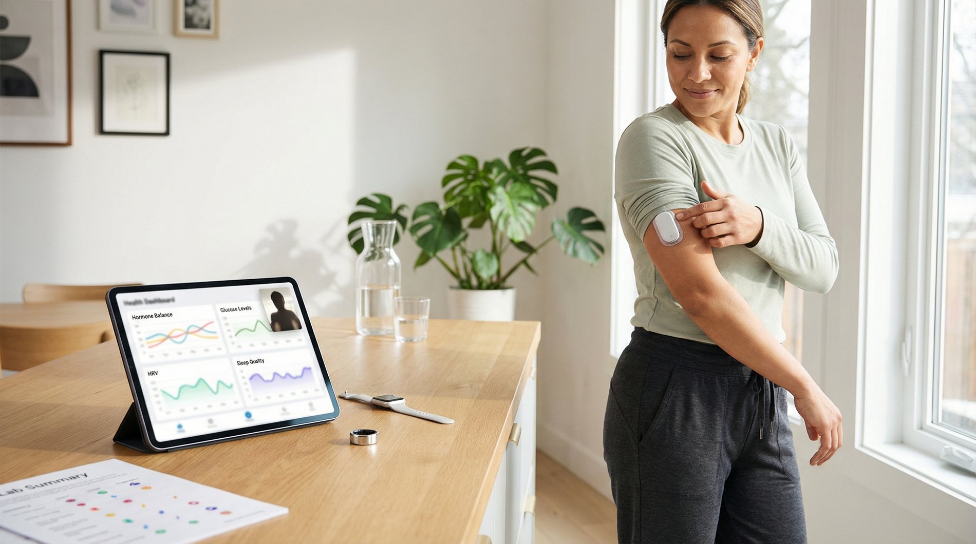 woman checking wearable biomarker data