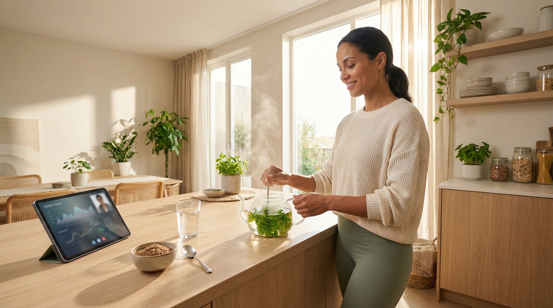 Woman preparing herbal tea for hormone balance