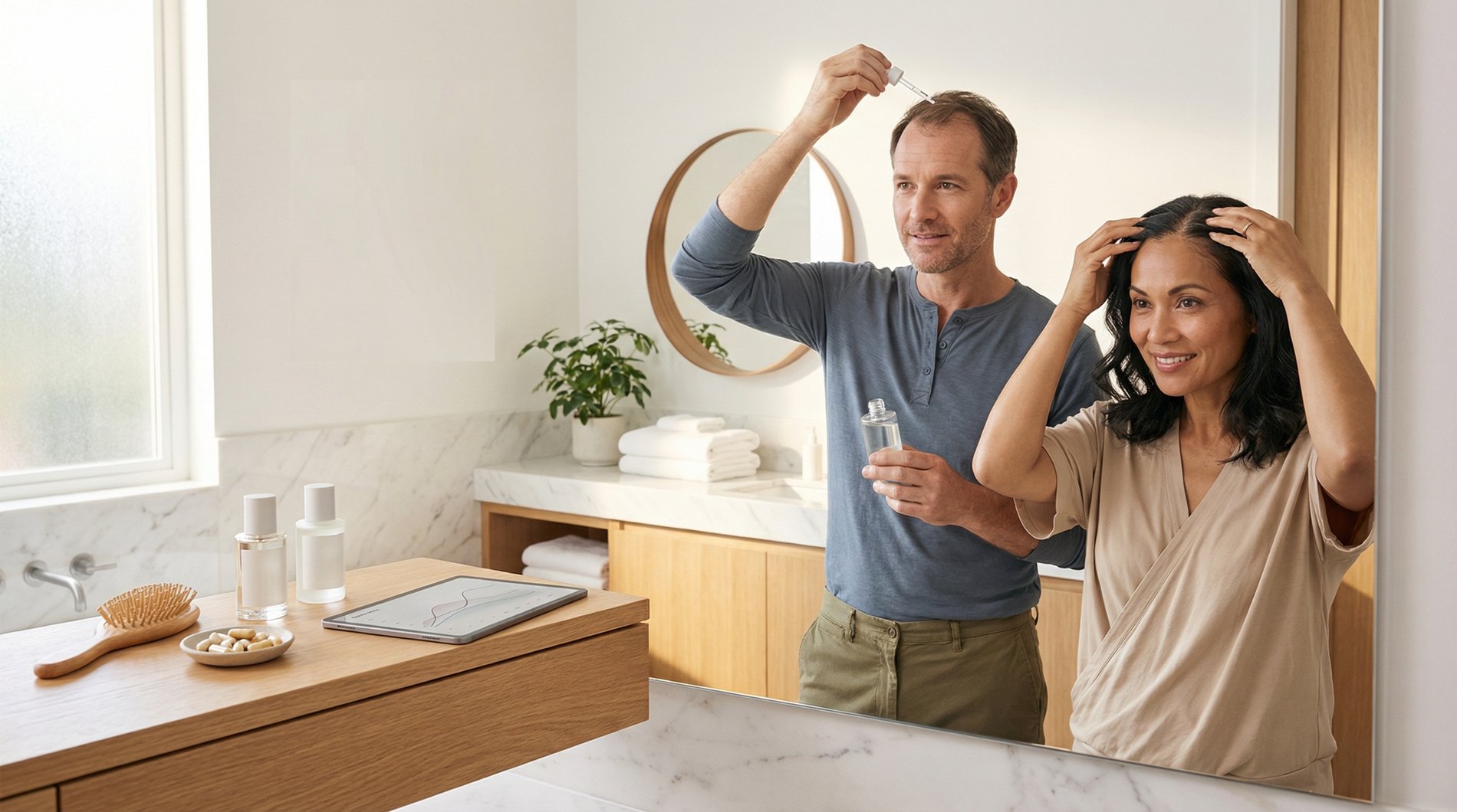 Midlife couple caring for thinning hair