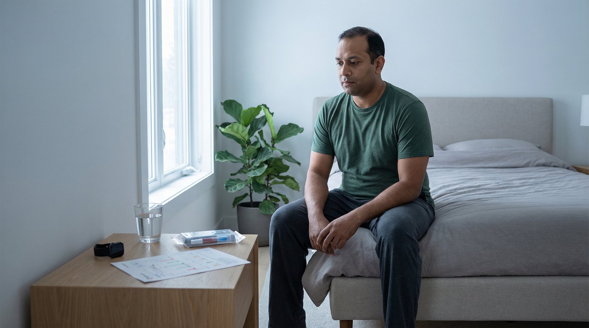 Man reflecting with hormone test kit