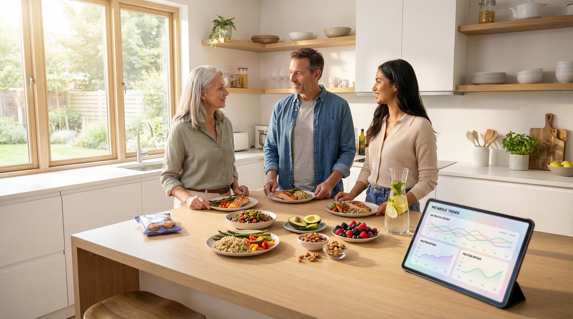 Diverse adults preparing healthy high-protein meal