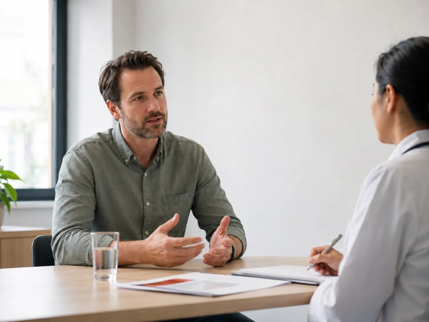 Man in his 40s discussing low testosterone treatment options with a clinician
