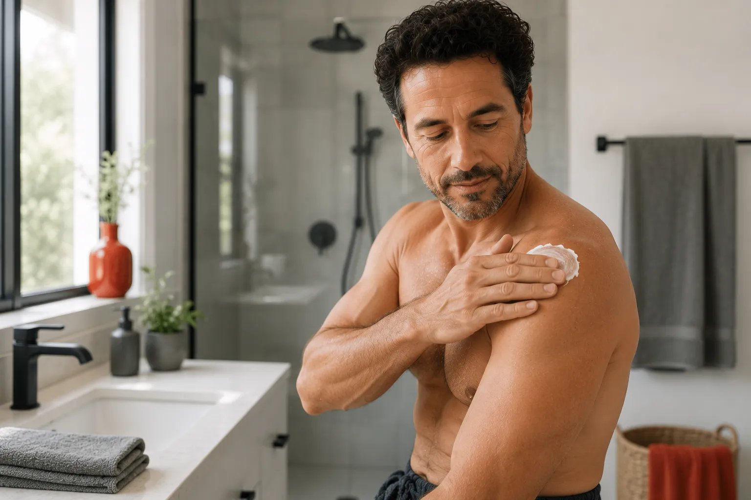 Man applying a daily topical testosterone routine at a bright bathroom counter