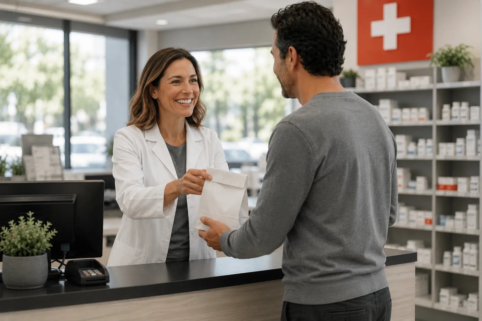 Pharmacist dispensing a prescription, showing legal access to testosterone therapy
