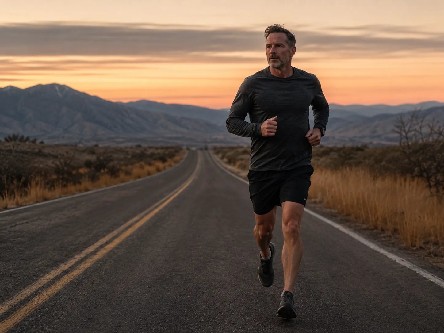 Man running outdoors at dawn, testosterone therapy and male hormone health