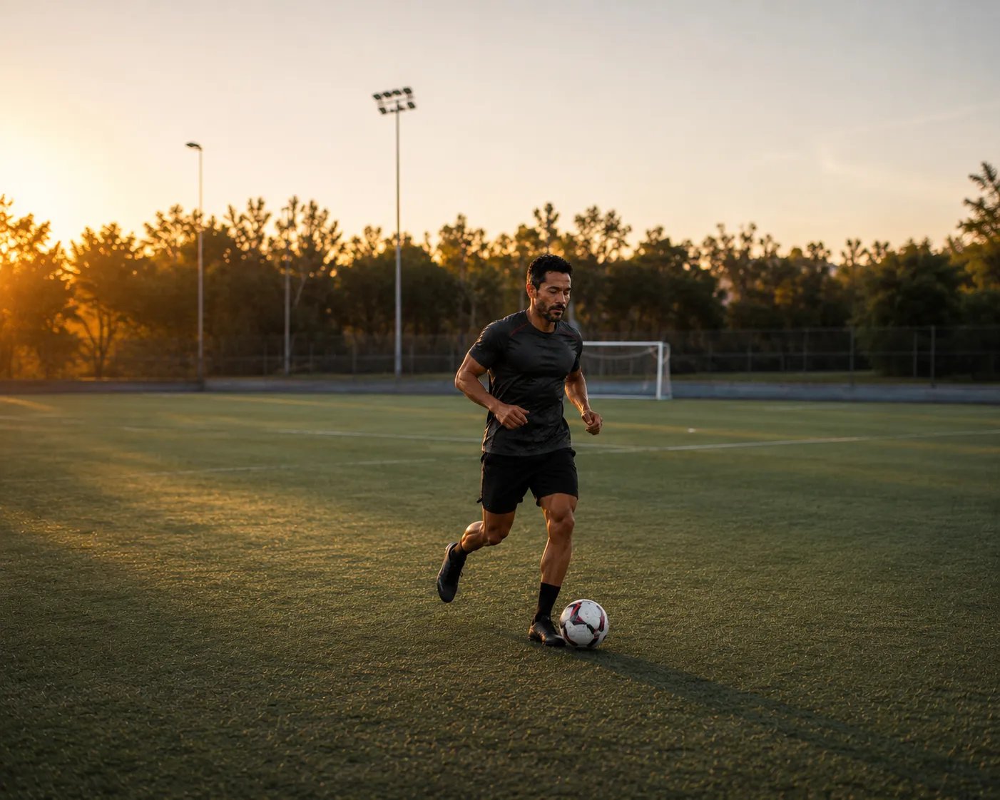Active man exercising on a soccer field as part of a hormone health lifestyle
