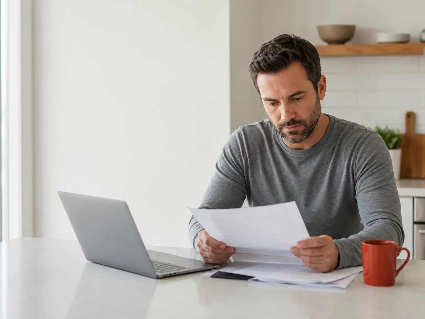 Man reviewing enclomiphene cost paperwork at kitchen counter