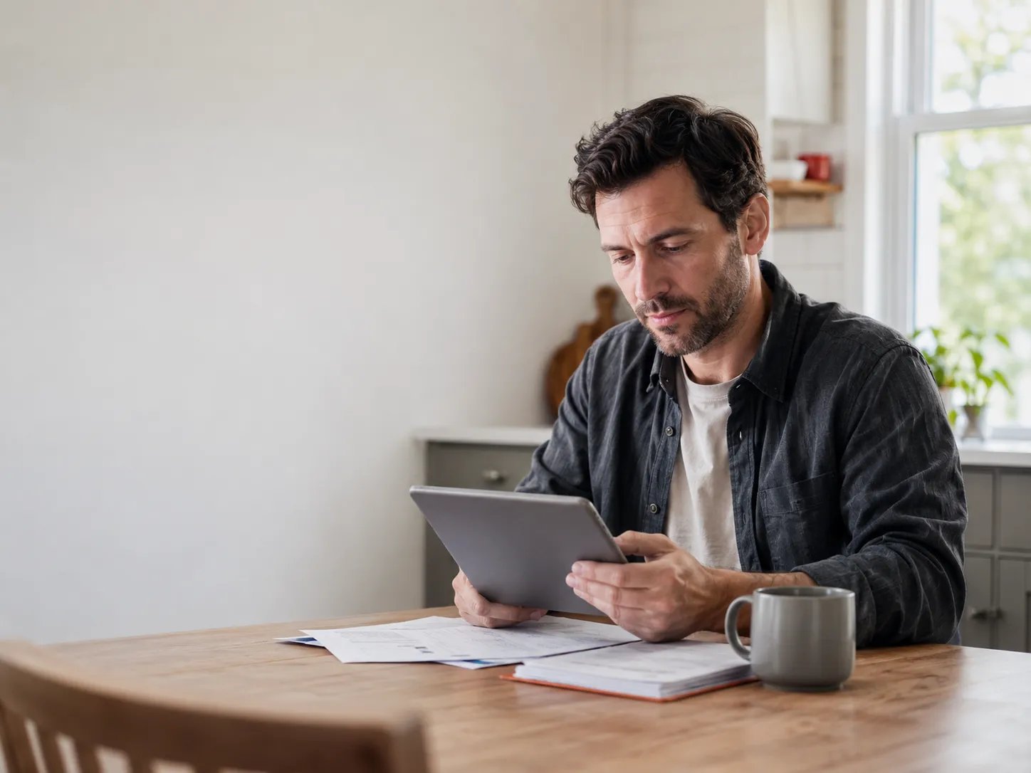 Man reviewing TRT subscription cost information at kitchen table