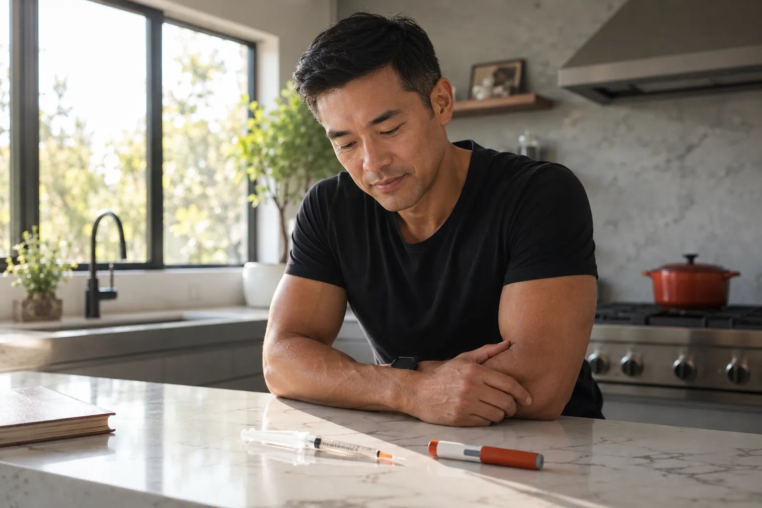 Man comparing an IM syringe and a SubQ autoinjector at a bright counter
