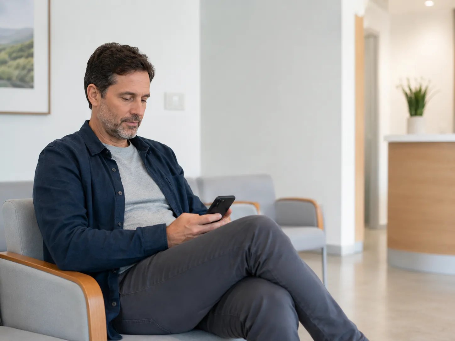 Man in clinic waiting room before testosterone evaluation