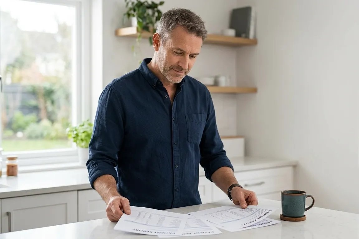 Man reviewing lab results at home related to TRT kidney function