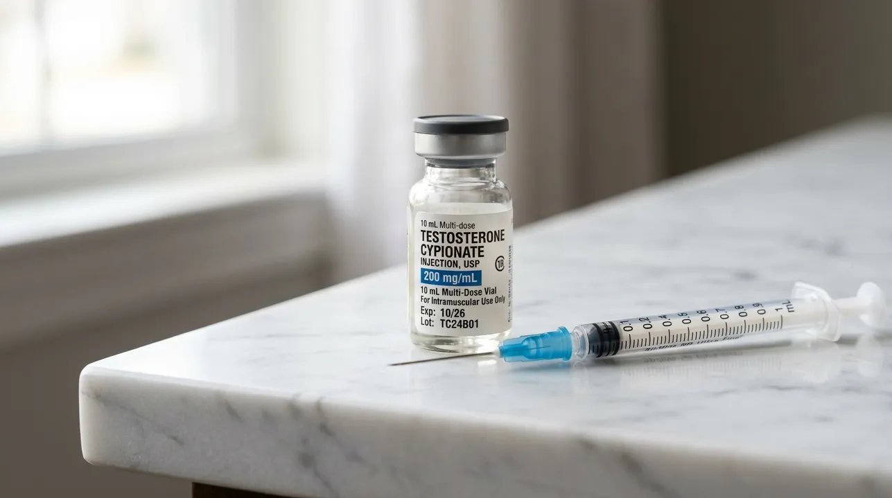 Close-up testosterone injection vial and syringe for TRT protocol