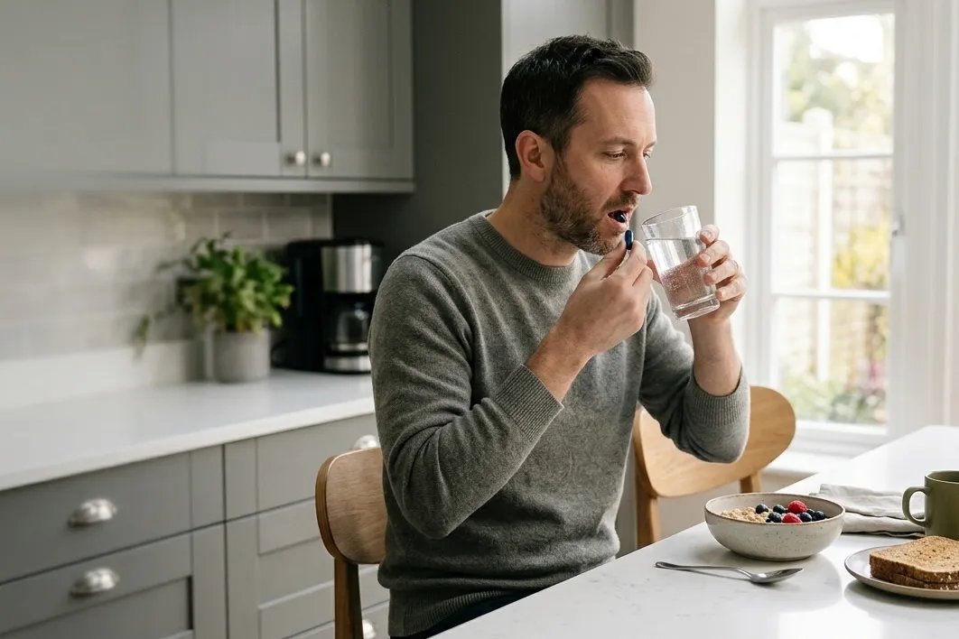 Man taking oral testosterone capsule at kitchen counter in morning light