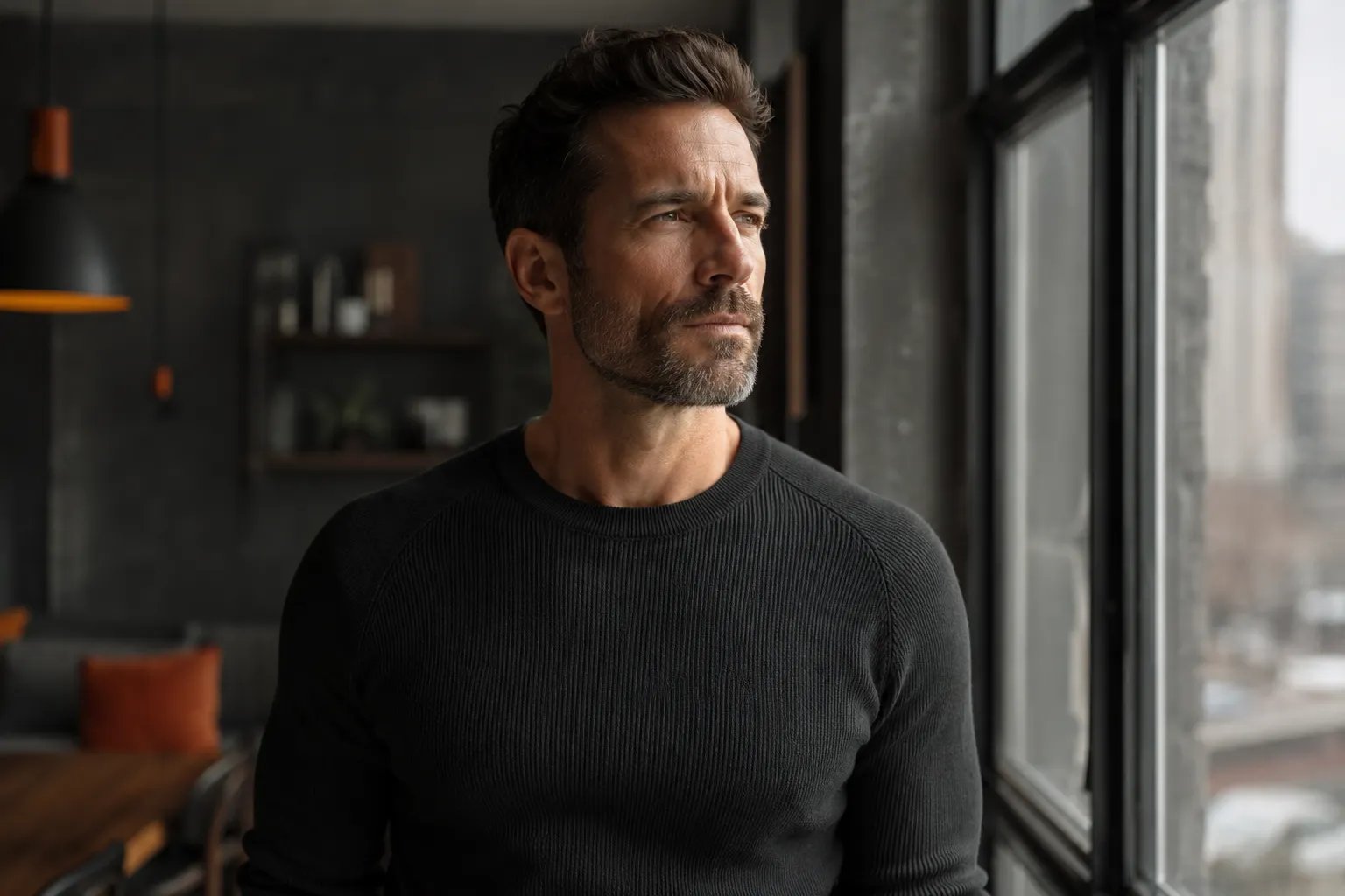 Man in his early 40s in natural light considering low testosterone treatment options