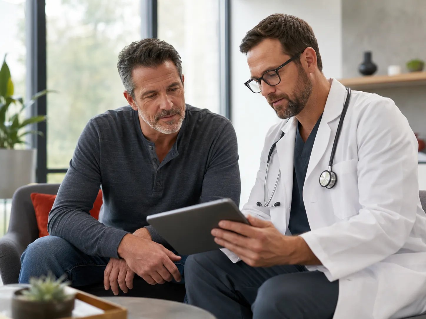 Man reviewing hormone lab results with a provider during a TRT vs HGH evaluation
