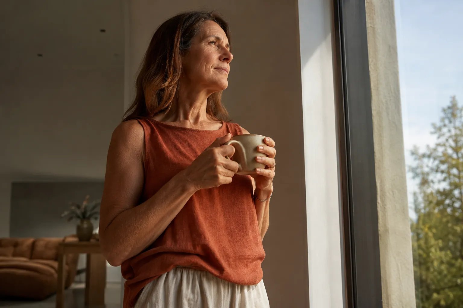 Woman standing by sunlit window with coffee in a calm morning moment