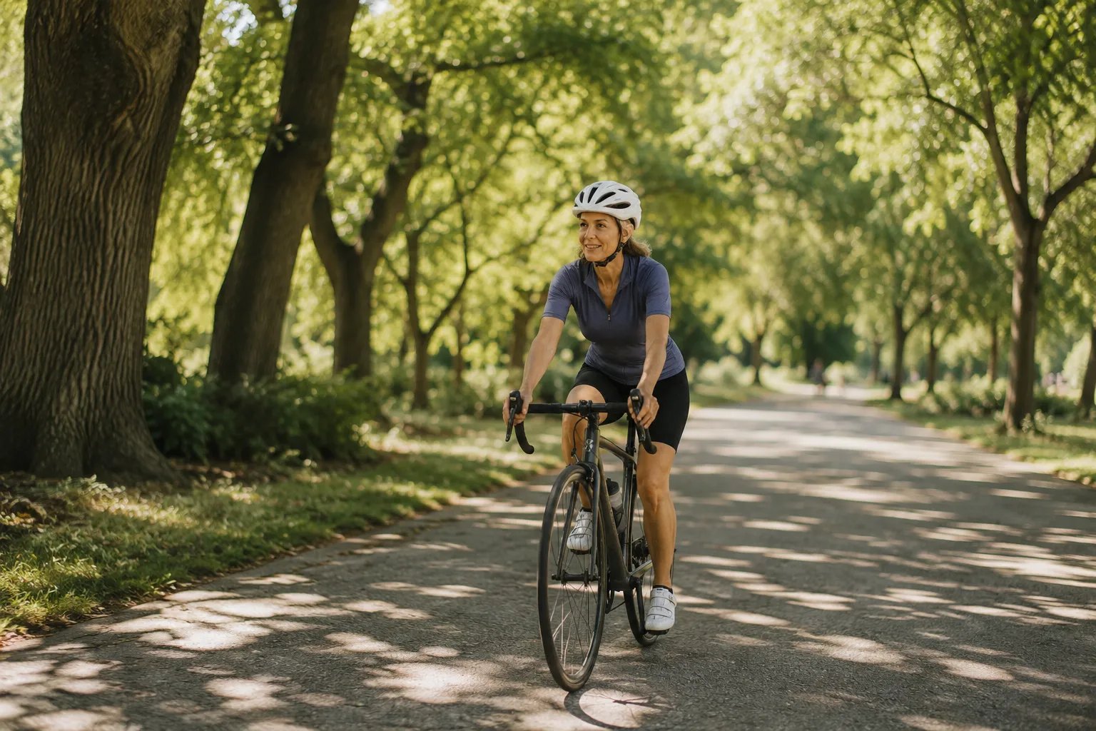 Woman undergoing estrogen therapy cycling in a tree-lined park