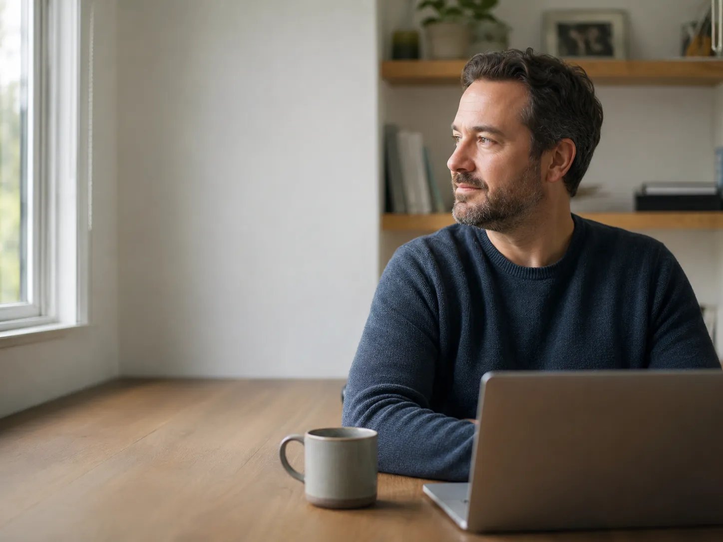 man sitting at desk with morning light considering energy and focus