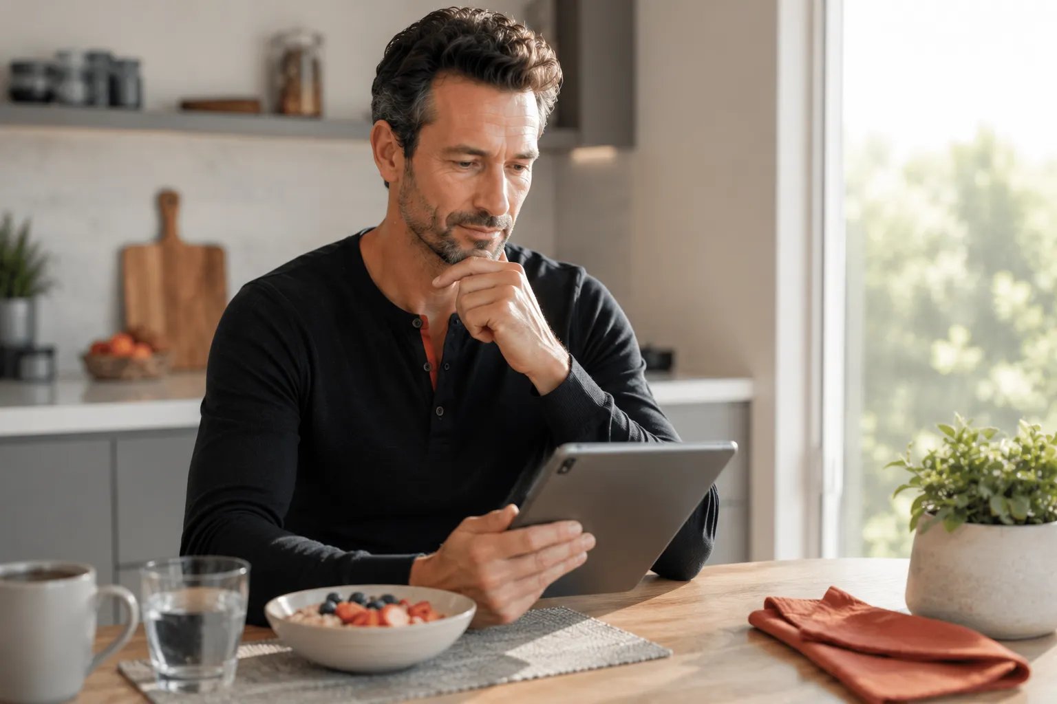 Man reviewing testosterone lab results at a sunlit kitchen table before deciding on TRT