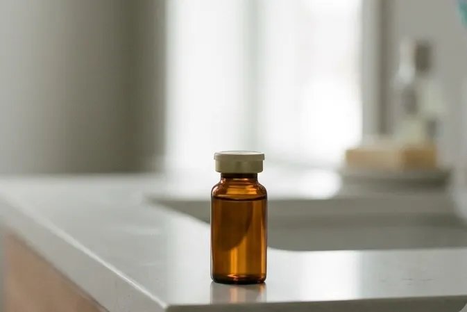 Amber testosterone vial on a clean bathroom counter in soft light